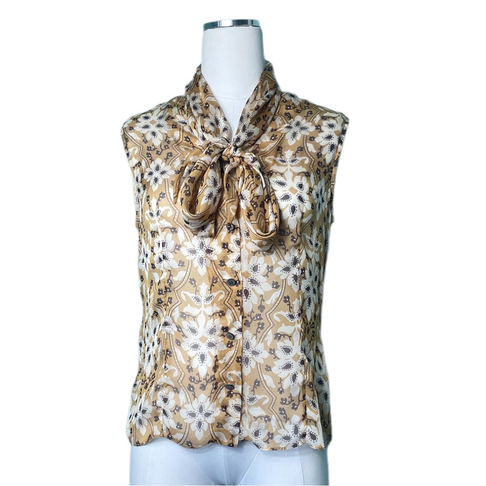 Peter Cohen mustard floral Paisley 100% silk chiffon sleeveless Bow blouse Sz S
